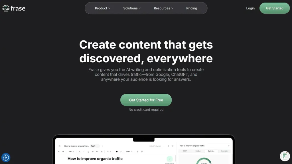 Frase review 2025 – sign‑up screen showing “No credit card required” for Starter