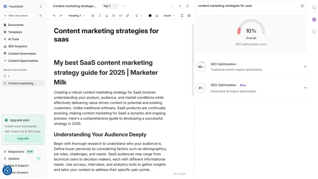 Frase review 2025 – Optimize tab with topic score and missing topics panel