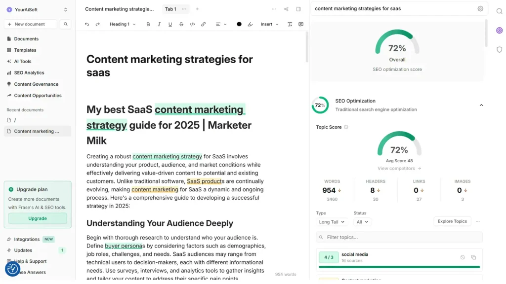 Frase review 2025 – Optimize tab with topic score and missing topics panel