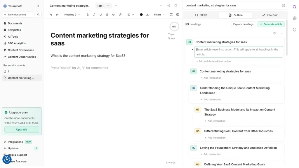 Frase review 2025 – Outline tab dragging competitor headings into the brief
