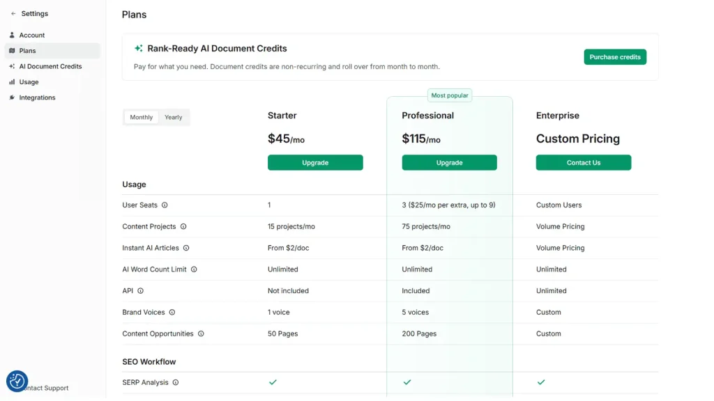 Frase review 2025 – annual pricing snapshot with Starter $45 and Professional $115