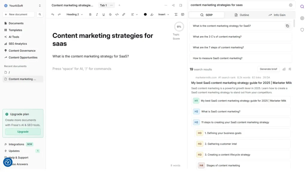 Frase review 2025 – Research tab parsing top SERP headings, questions and stats Caption: Demo dub, checked Jul 2025