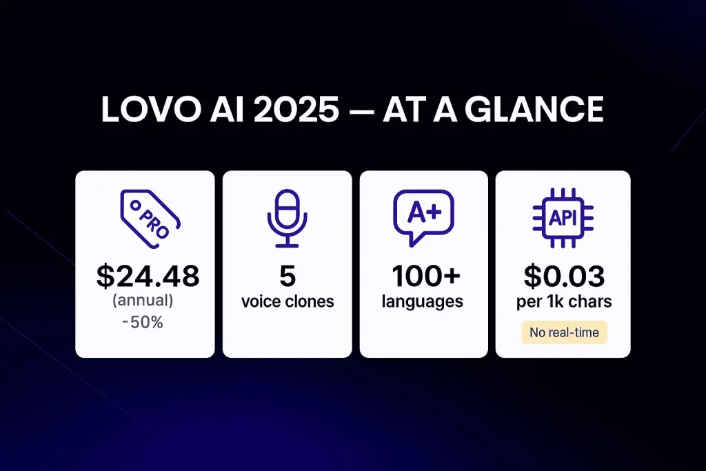 Lovo AI review 2025 overview with price, clones, languages and API cost