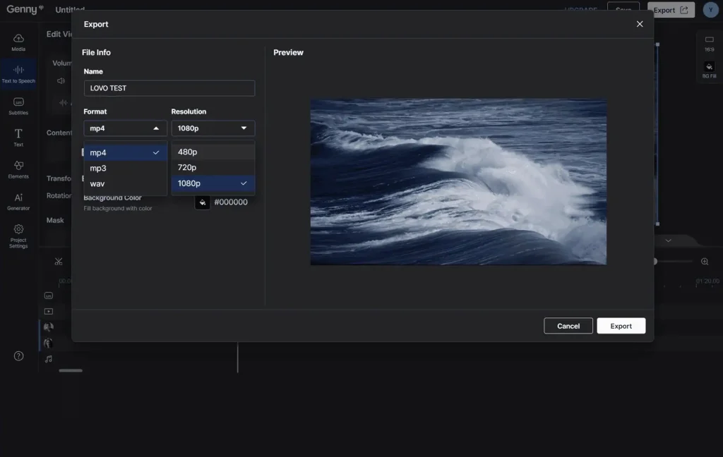 Lovo AI review 2025 – Export settings showing 1080p FHD video and download options