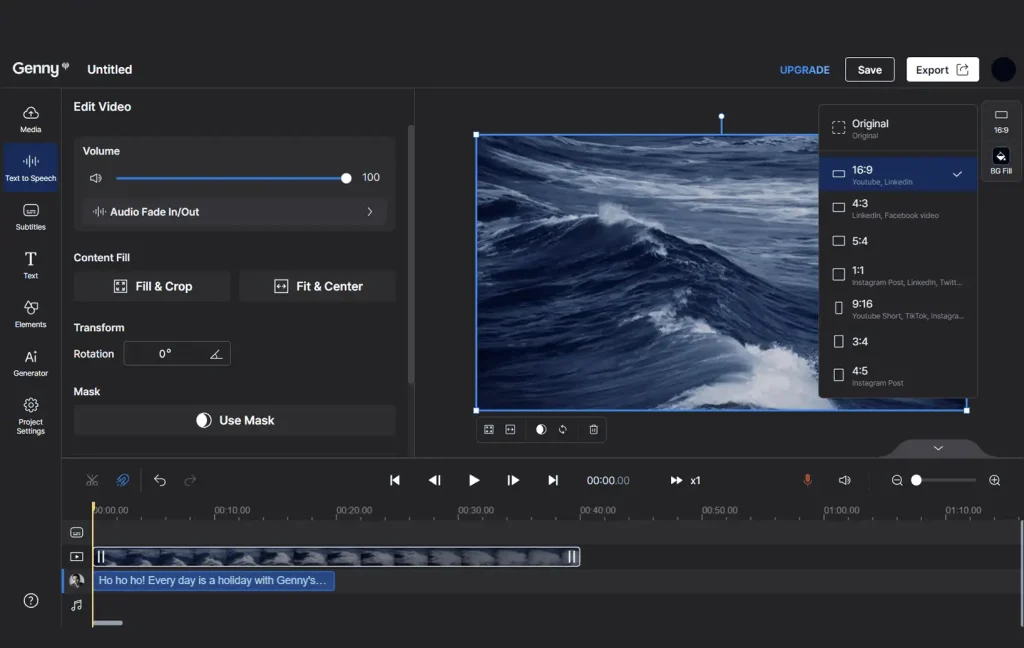 Lovo AI review 2025 – Genny video editor timeline with voice track and text cards