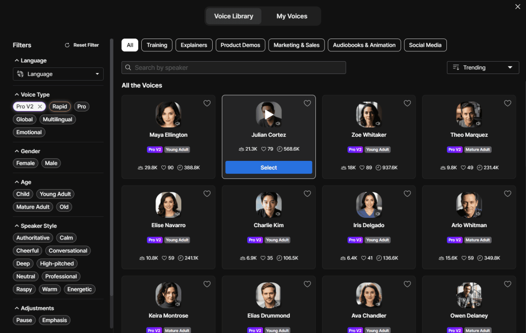 Lovo AI review 2025 – Genny Voice Library with language, gender and emotion filters