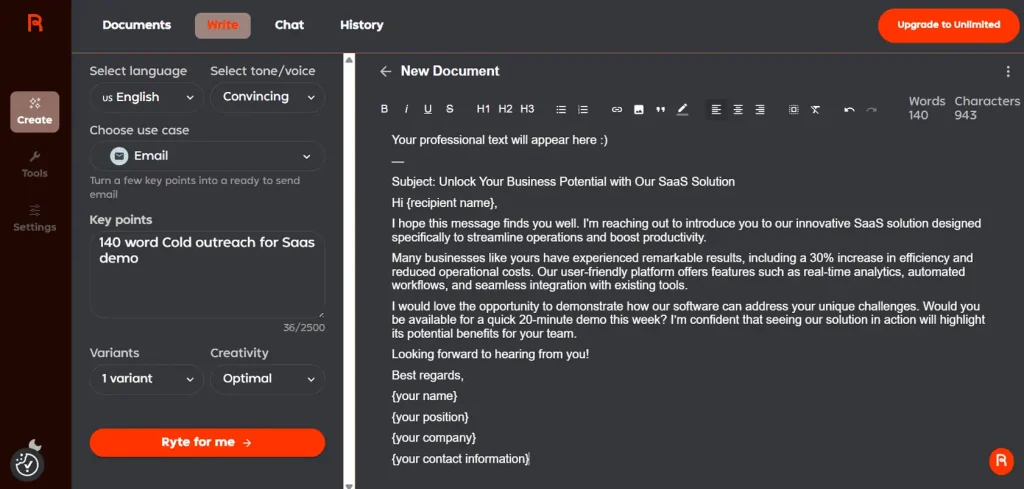Rytr review 2025 – AI Email Generator producing a 140‑word cold outreach email