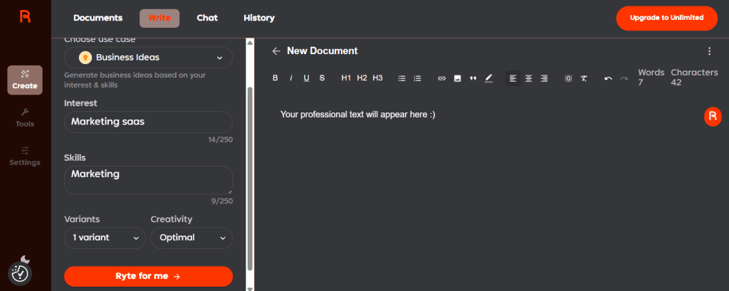 Rytr review 2025 – dashboard showing free 10k characters and module tiles