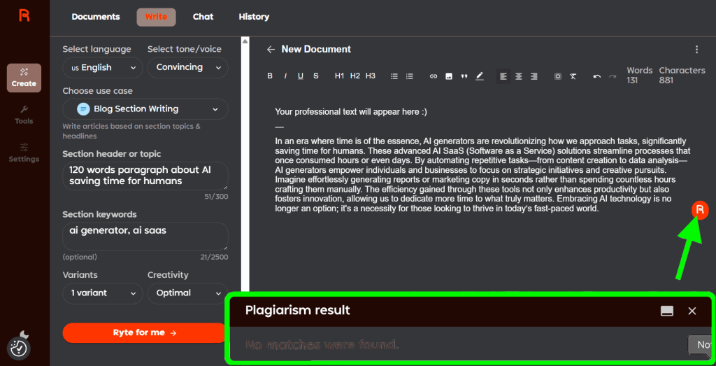 Rytr review 2025 – built‑in plagiarism checker showing a 100 percent original result