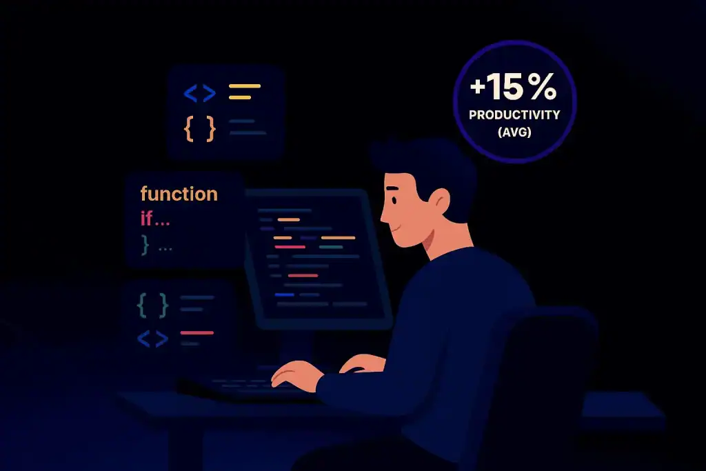 Developer desk scene highlighting average productivity boost