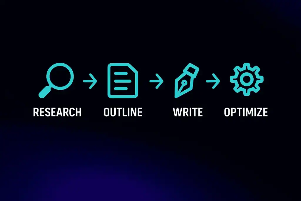 Four-step diagram from research to optimize for SEO