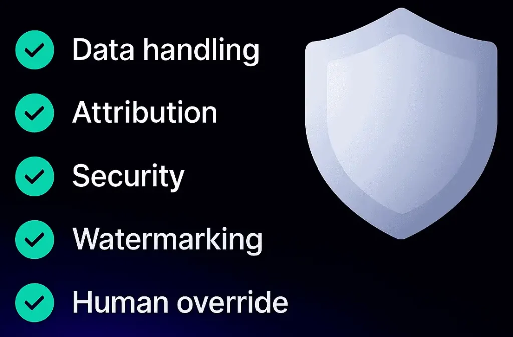 Shield‑style checklist for data, provenance, human override
