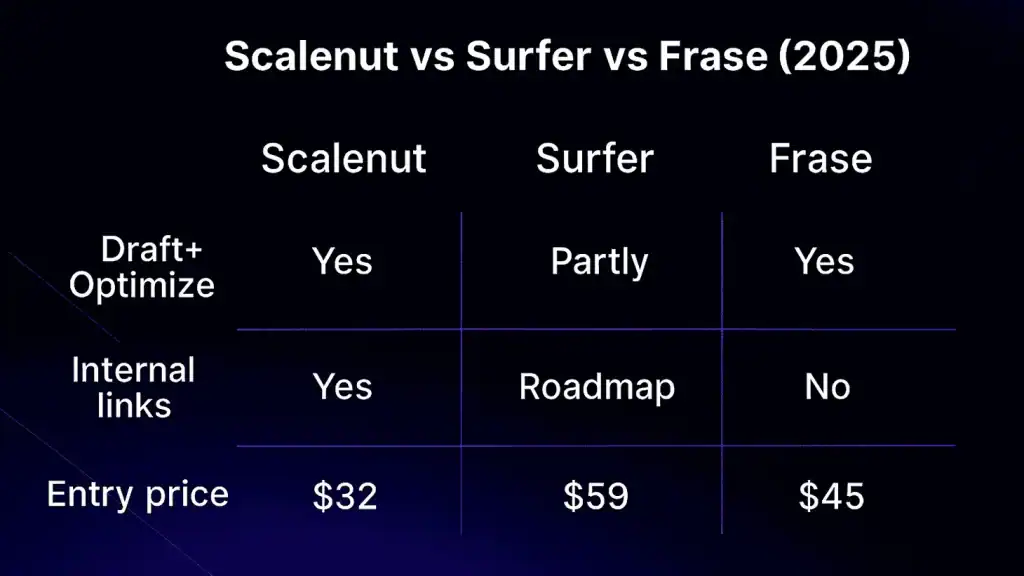 Comparison: Scalenut vs Surfer vs Frase