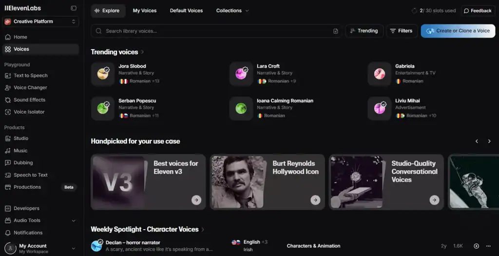 ElevenLabs dashboard with instant speech and voices grid