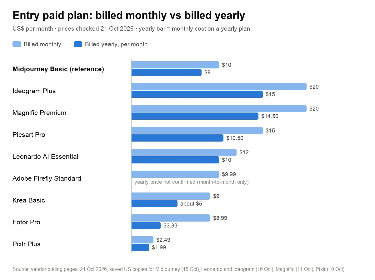 Grouped bar chart of entry paid plan prices in US dollars per month, billed monthly and billed yearly, for Midjourney and eight alternatives, checked 21 October 2026